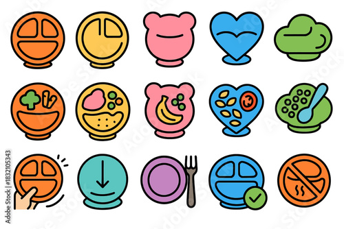 Colorful food icons with plates and symbols for healthy eating and meal preparation