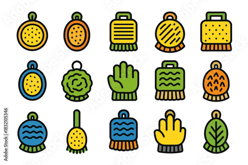 Colorful cleaning brushes and sponges collection with unique designs