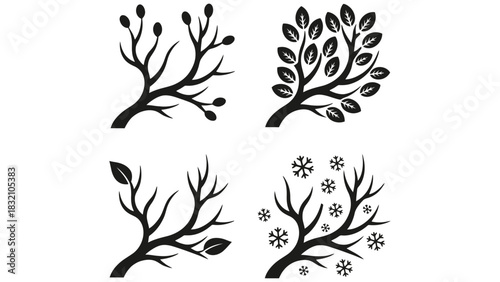 Four seasons tree branches with berries leaves and snowflakes black art
