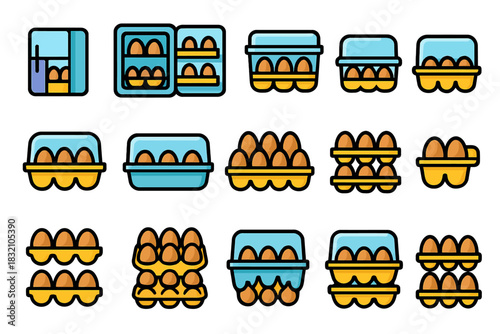 Colorful egg cartons and containers collection on white background