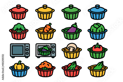 Colorful cooking icons: vegetables, pots, and kitchen appliances