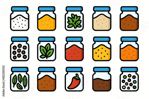 Colorful variety of spice jars with seasonings and herbs