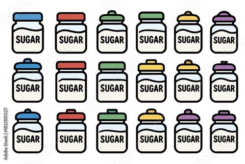 Colorful collection of sugar jars with variety of lids in repetitive pattern