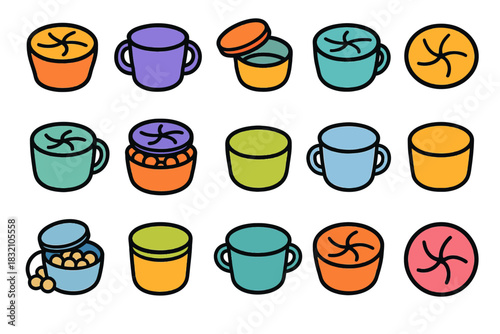 Colorful cartoon food containers with lids and handles in various designs