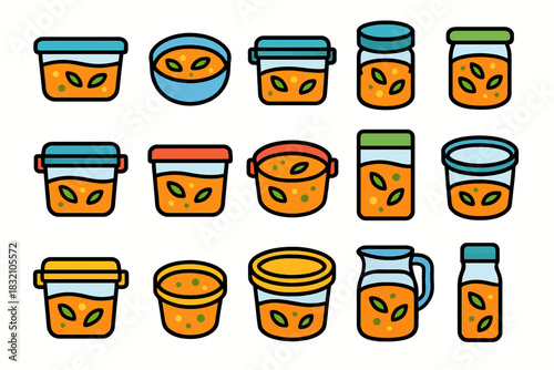 Colorful assorted food containers with lids and leaf patterns