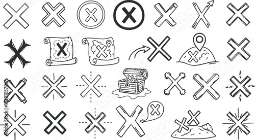 A collection of various cross marks, navigation icons, and treasure symbols in black and white outline vector style, suitable for design and mapping projects