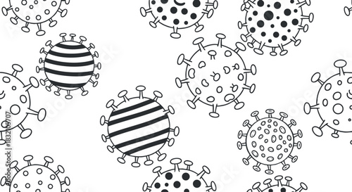 A pattern of various virus illustrations in black and white minimalist vector style, suitable for healthcare and science-related designs