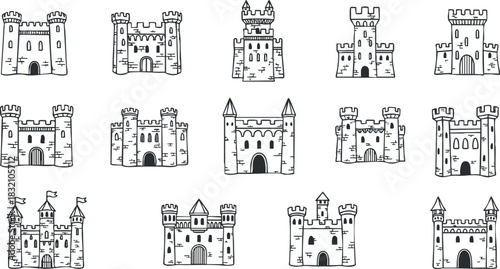 A collection of hand-drawn castle illustrations in black and white outline vector style, ideal for children’s book designs