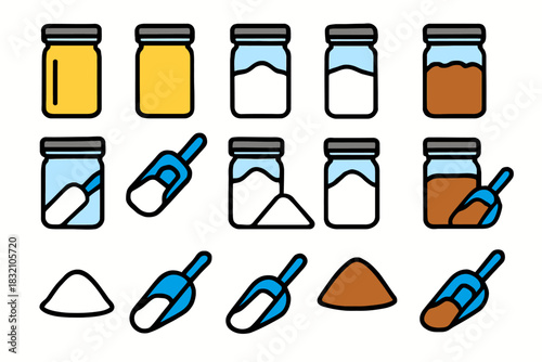 Jars and scoops of various powders and spices in minimalist style