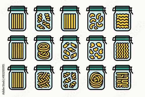 Colorful jars of various pasta shapes in a neat grid pattern