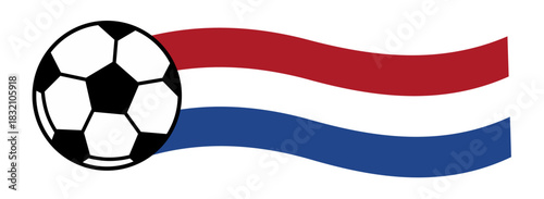 Vector illustration of a classic black-and-white soccer ball alongside flowing red, white, and blue wavy stripes inspired by the Netherlands flag, symbolizing national pride in football