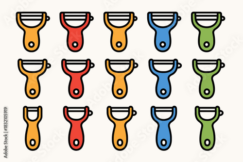 Colorful set of various vegetable peelers in a grid arrangement