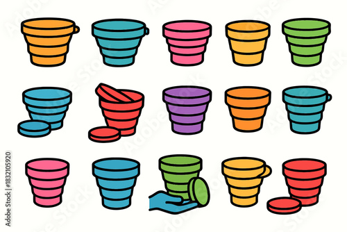 Colorful collapsible cups in various stages of folding and unfolding