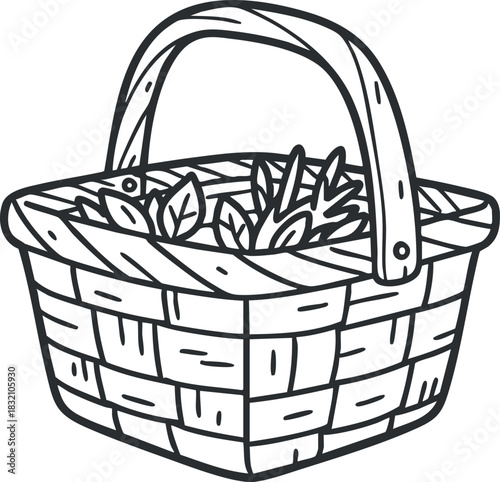 A hand-drawn outline illustration of a basket filled with fresh herbs and vegetables in a minimalist vector style, perfect for gardening and cooking themes