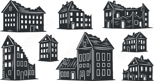 A collection of vintage and abandoned houses in black and white minimalist vector style, suitable for urban design projects