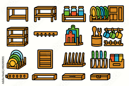 Colorful kitchen storage icons: shelves, racks, and organizers
