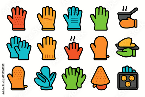 Colorful kitchen glove icons with cooking pot and oven tray illustrations