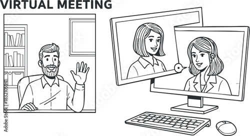 A virtual meeting scene featuring two professionals in line art style, suitable for illustrating remote work and digital communication concepts