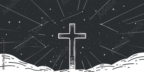 A cross silhouette surrounded by stars and clouds in a minimalist black and white vector style, ideal for religious themes and spiritual projects