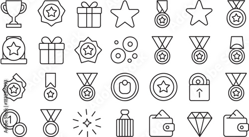 Award and achievement icons trophy medal gift box star and diamond Keywords: award, achievement