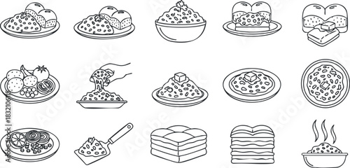 A collection of various food dishes and desserts in black and white outline vector style, suitable for culinary illustrations and menu design