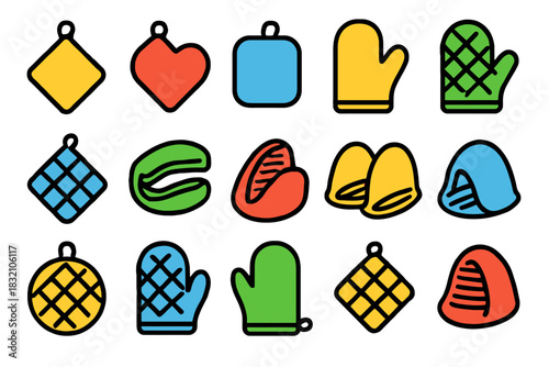 Colorful kitchen oven mitts and pot holders collection in various shapes