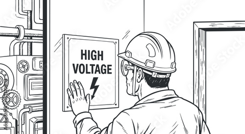An engineer inspecting a high voltage warning sign in black and white outline vector style, suitable for safety manuals and industrial illustrations