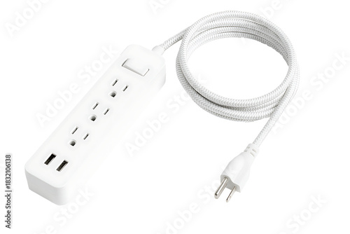 Modern surge protector with three outlets and two USB sockets, household electricity distribution accessory