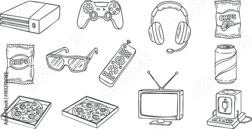A collection of gaming and snack items including a console, controller, headphones, and pizza in black and white vector style, perfect for entertainment and leisure themed designs