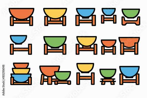 Colorful decorative bowls on wooden stands in various sizes and shapes