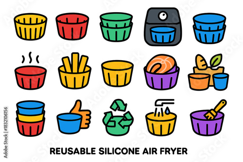 Colorful reusable silicone air fryer liners with food and icon designs
