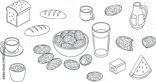 A collection of various food and drink items including pasta, pastries, fruits, and beverages in black and white outline vector style, ideal for culinary and menu design