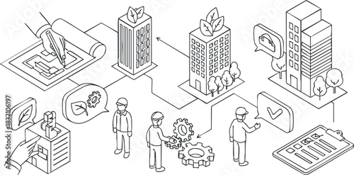 A set of construction and engineering icons depicting workflow and project development in modern outline vector style, suitable for business and technology presentations