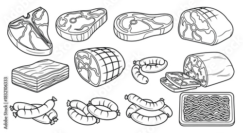 Assorted meat products illustration for butcher shop design