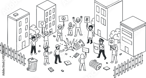 A lively protest scene with diverse people holding signs and banners in a black and white vector style, ideal for activism and social awareness campaigns
