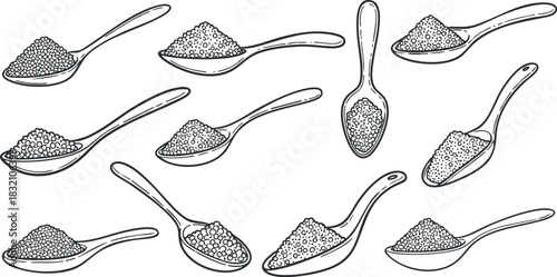 A collection of various spoons filled with different types of sugar and spices in black and white outline vector style, ideal for culinary illustrations