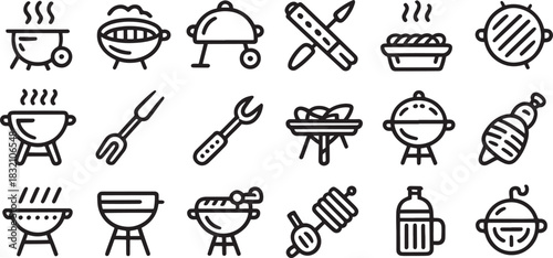 Barbecue and grilling icons set with grills and food Keywords: barbecue, grilling, icons, set, grills