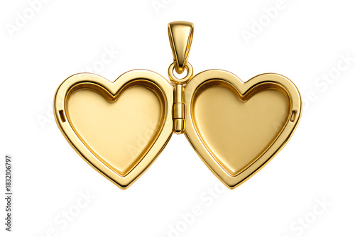 Open double heart gold locket pendant isolated on black background, romantic jewelry for keepsake photos