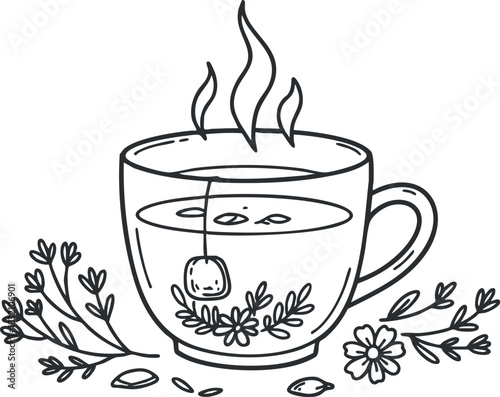 A cup of herbal tea with a tea bag and steaming water in hand-drawn outline style, ideal for wellness and relaxation themes