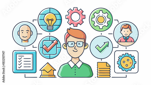 Cartoon person surrounded by icons representing soft skills