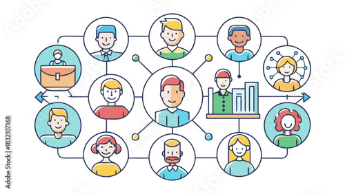 Diverse group of people connected in a network diagram