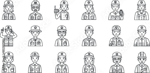 A collection of diverse worker characters in outline vector style, suitable for illustrating various professions and teamwork concepts