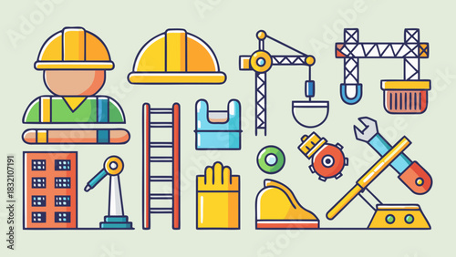 Icons of Construction Tools and Equipment in a Vector Style