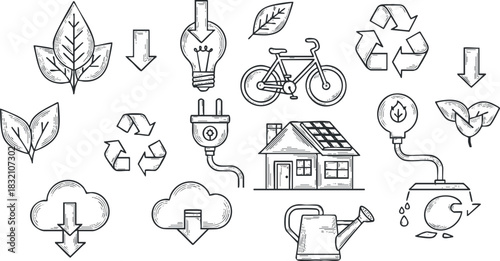 A collection of eco-friendly icons including leaves, a bicycle, a house, and energy symbols in outline vector style, suitable for environmental projects and sustainability themes