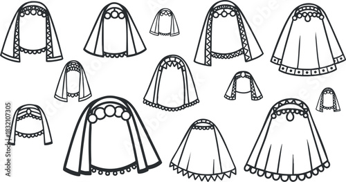 A collection of bridal veils in black and white outline style, perfect for wedding design and fashion illustrations