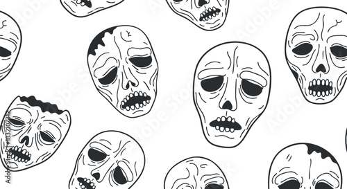 A collection of skull illustrations in black and white outline style, perfect for Halloween-themed designs and creative projects
