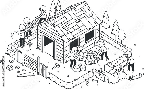 A group of cartoon workers constructing a wooden house in a black and white flat vector style, ideal for construction and DIY themes