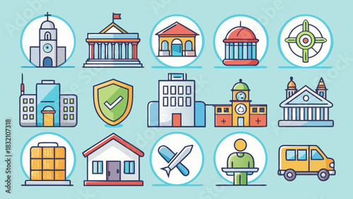 Set of vector style public service and building icons