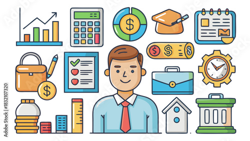 Smiling man surrounded by finance and business concept icons