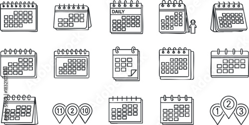 A collection of calendar icons and illustrations in minimalist black and white vector style, suitable for planning and organization projects